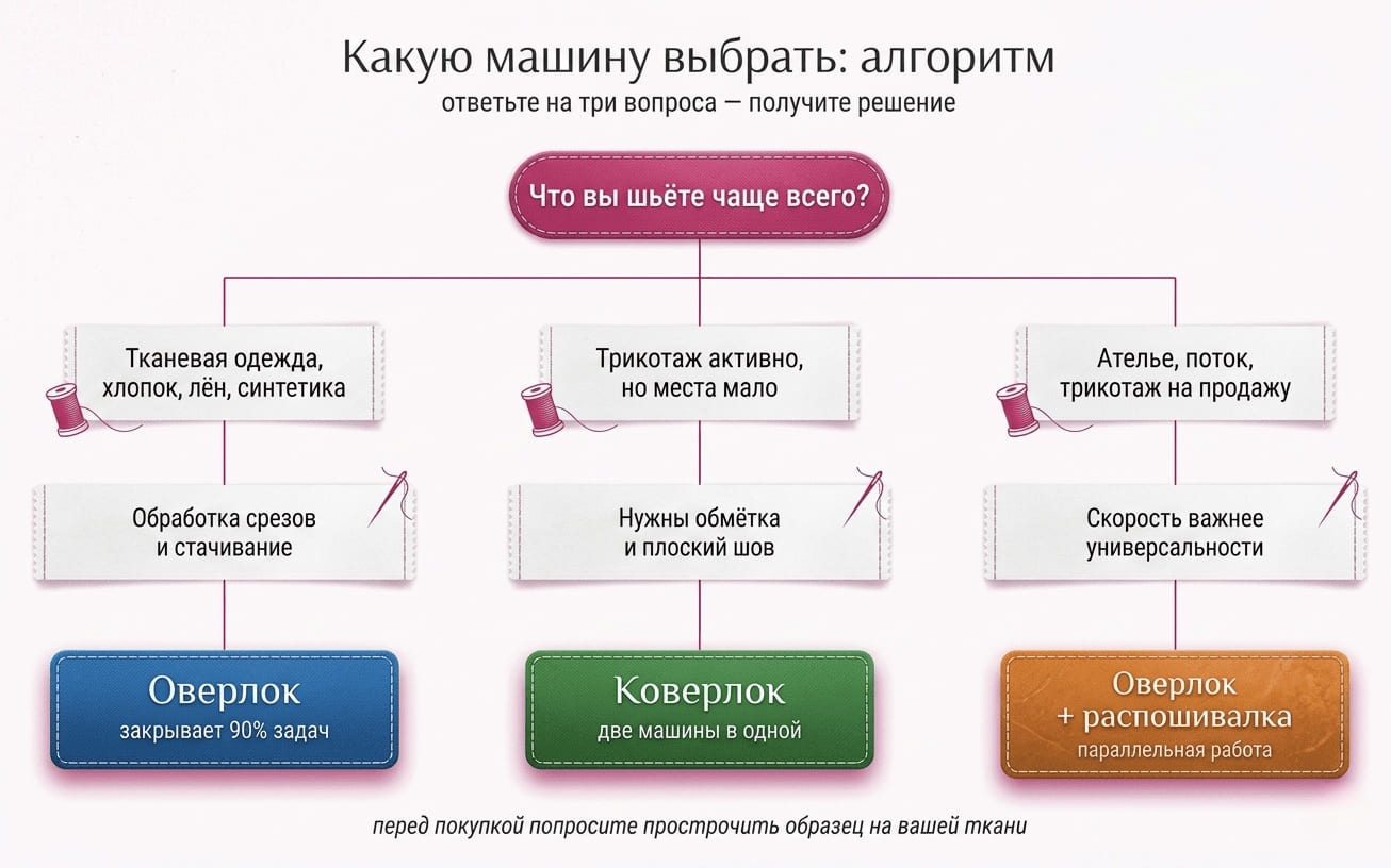 алгоритм выбора швейной техники — три ветки по задачам пользователя, ведущие к оверлоку, коверлоку или связке оверлок плюс распошивалка